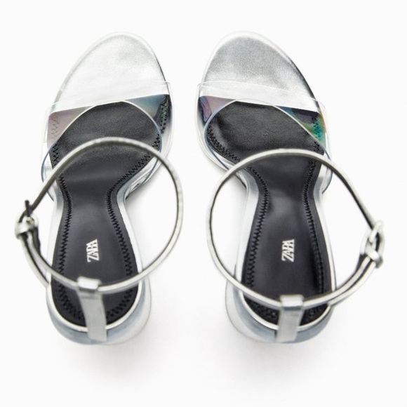 NWT. Zara Silver Vinyl Block Heel Sandals. Size 8. - Picture 5 of 9